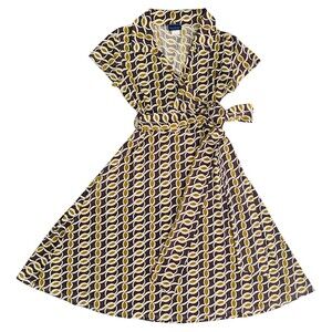 Blue Papaya Geometric Wrap Midi Dress Brown Olive Retro Womens Small USA